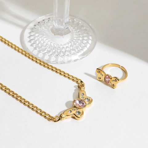 Schmetterling Anhänger Halskette 18K Vergoldet Edelstahl Mehrlagig Schlangen Cuban Kette Rosa Zirkon Wasserfest