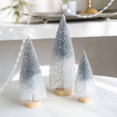 Mini Árbol de Navidad Flocado Con Base de Madera Champaña Plata Árbol de Cepillo Nevado para Decoración de Mesa