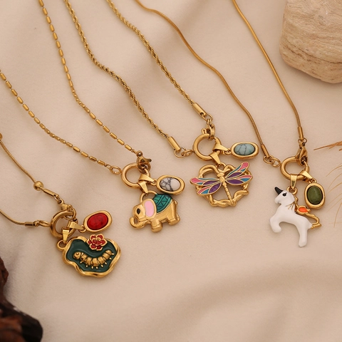 Collana In Acciaio Inossidabile Placcato Oro Smalto Animale Elefante Unicorno Bruco Libellula Pendenti Gioielli Gemma