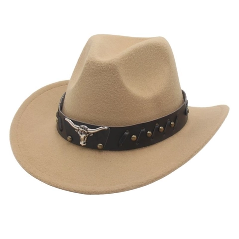 Chapeau De Cowboy Western Pour Enfants En Feutre Avec Tête De Taureau En Métal Rivets Bande En Cuir Style Vintage