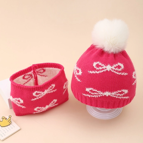 Berretto In Maglia E Scaldacollo Per Neonati Acrilico Motivo Fiocco Jacquard Pompon Pelliccia Sintetica Termico Accessori