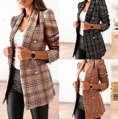 Damen Doppelreihiger Bedruckter Blazer Top Büro Revers Langarm Polyester Karierte Jacke Mit Metallknöpfen Slim Fit Oberbekleidung