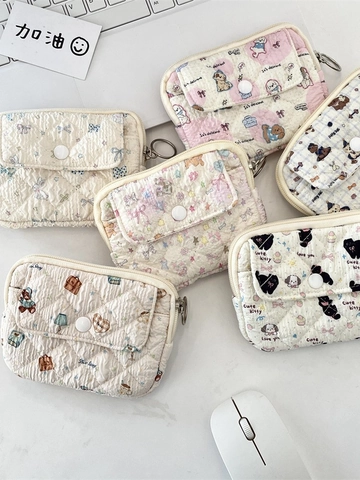 Quilted Mini Coin Purse Card Holder Pouch With Front Pocket Zipper Closure Metal Ring Cute Cartoon Print Korean Style