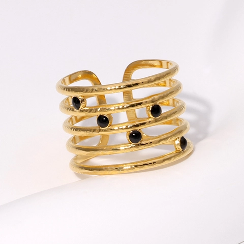 Anello Aperto Multistrato In Acciaio Inossidabile Texture Martellata Perline Nere Gioielli Geometrici Regolabili Per Donna