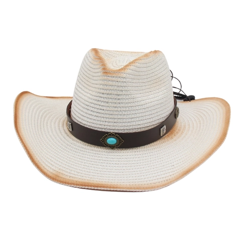 Western Cowboy Strohoed Gevlochten Brede Rand Zonbescherming Strand Retro Turquoise Leren Band Verstelbaar Windkoord