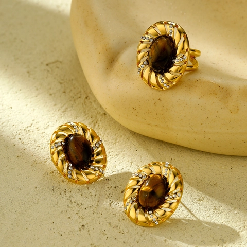 Vintage Roestvrij Staal Tijgeroog Oorbellen Ring Set Ovaal Goud Verguld Strass Sieraden Voor Vrouwen Mode Sieraden