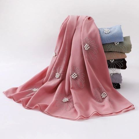 Women Elegant Chiffon Hijab Scarf With Artificial Pearl Flower Rhinestone Decoration Muslim Long Shawl Lightweight Soft Head Wrap