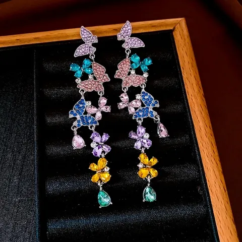 Orecchini Pendenti Farfalla Strass Colorati Vintage Nappa Lunga Lega Con Perno In Argento Sterling 925