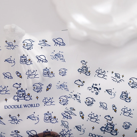 Doodle World Space Nail Stickers Embossed Self Adhesive Decals Moon Stars UFO Hand Drawn Cute Manicure Decoration