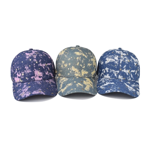 Adjustable Tie-Dye Starry Sky Baseball Cap For Men Women Cotton Sun Hat With Gold Stars Moon Rivets Trendy Streetwear