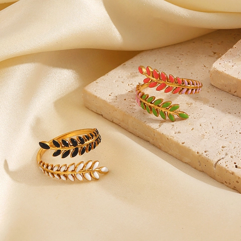 Mode Edelstahl Blatt Offener Ring Für Damen Gold Vergoldet Emaille Bunt Schwarz Weiß Verstellbar Finger Schmuck Geschenk