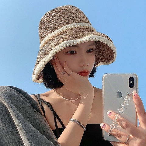 Women Straw Bucket Hat Sun Protection Wide Brim Artificial Pearl Beaded Elegant Summer Beach Woven Travel Fashionable