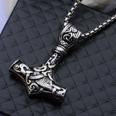 Thor Hammer Skull Snake Pendant Necklace Stainless Steel Vintage Gothic Punk Jewelry For Men Women