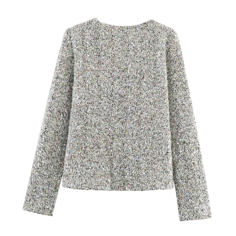 Women Multi Color Sequin Long Sleeve Top And Mini Skirt Tweed Mixed Fabric Street Fashion Sparkling Glamorous Party Wear