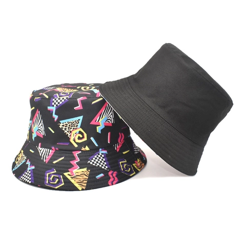 Bucket Hat Vintage 90s Memphis Style Neon Geometric Pattern Leopard Print Canvas Polyester Sunshade Foldable Outdoor