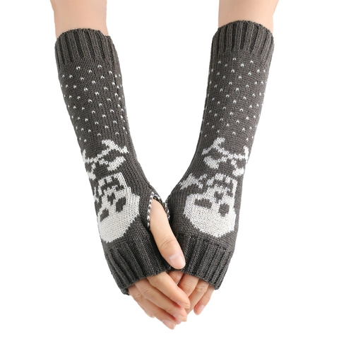 Women Gothic Skull Pattern Knitted Fingerless Long Gloves Punk Winter Warm Jacquard Arm Sleeves Mitten For Halloween Party