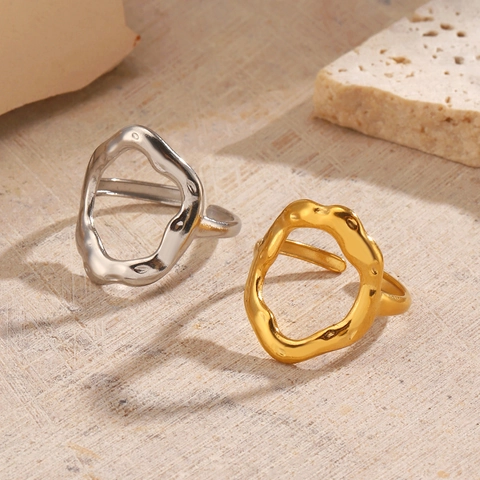 Irregular Geometric Hollow Oval Open Ring Stainless Steel 18K Gold Plated Lava Liquid Metal Minimalist Adjustable Style