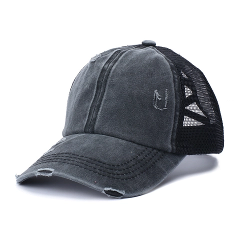 Women Ponytail Baseball Cap Washed Cotton Distressed Mesh Trucker Hat Crisscross Elastic High Bun Sun Hat