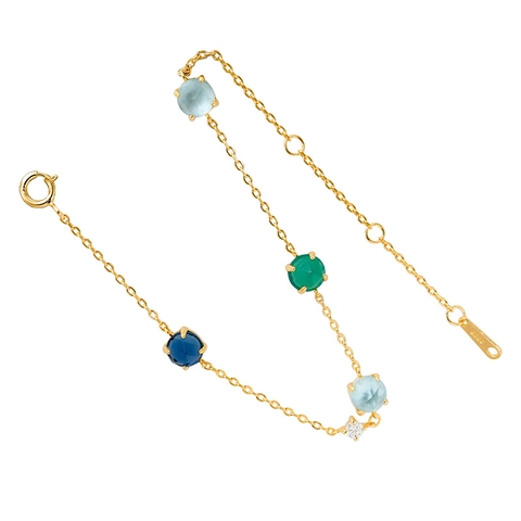 Braccialetto in Argento Sterling 925 Vintage Francese per Donna Placcato Oro 14K Calcedonio Verde Conchiglia Bianca Zirconia Gioielli