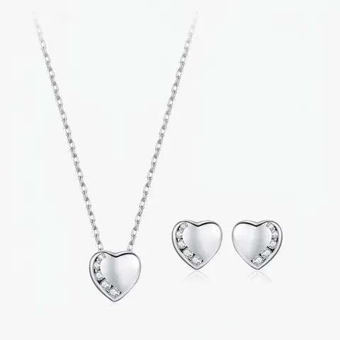 Parure Bijoux Coeur Argent 925 Sterling Zirconium Brillant Collier Et Boucles D'oreilles Poli Minimaliste Pour Femmes