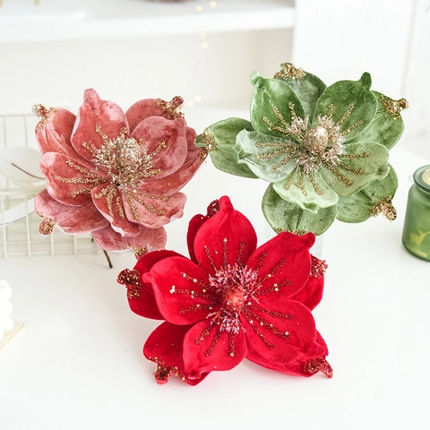 Velvet Magnolia Artificial Christmas Flowers With Gold Glitter Edges For Xmas Tree Ornaments Home Holiday Party Decor