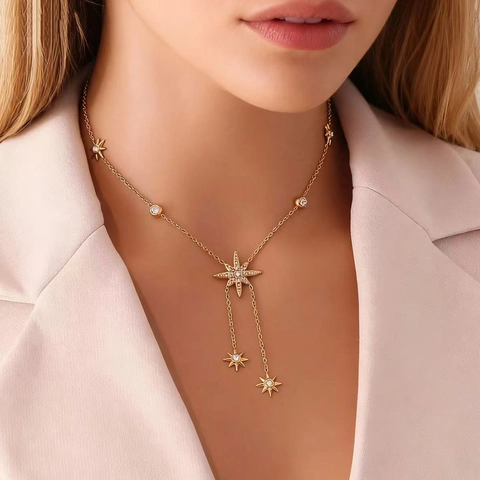North Star Pendant Necklace Gold Plated Stainless Steel Zircon Y-Shape Layered Chain Elegant Fashion Jewelry For Women