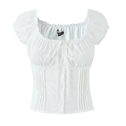 French Style White Blouse Top Square Neck Puff Sleeve Ruched Polyester Slim Fit Sweet Casual Short Sleeve For Women