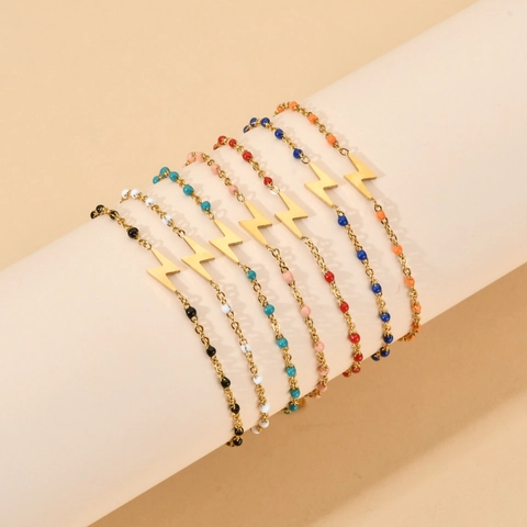 Stainless Steel Bracelet With Lightning Bolt Pendant And Colorful Enamel Beads Bohemian Retro Jewelry For Women