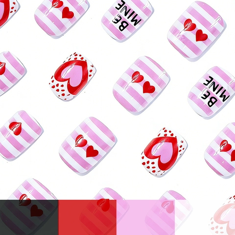 Valentine's Day Short Square Press On Nails Glossy Pink White Red Heart Stripe Be Mine Design Sweet Romantic For Women