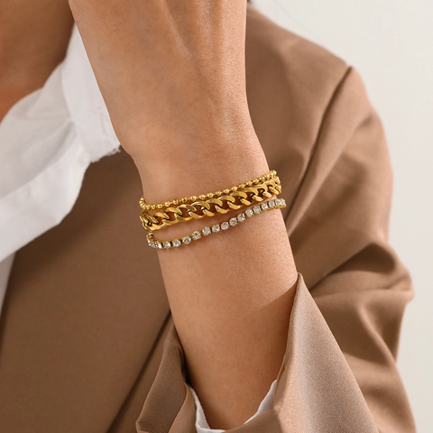 Fashion Layered Bracelet Stainless Steel Rhinestone Cuban Bead Chain Link Retro Trendy Jewelry Women