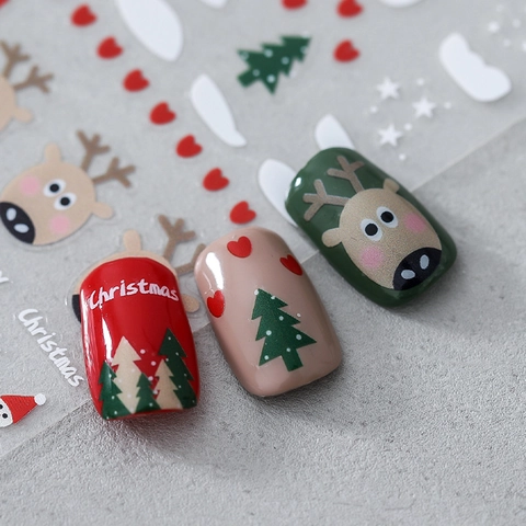 Autocollants Ongles Noël Relief Auto-Adhésifs Renne Flocon Arbre Décoration Manucure Vacances Hiver