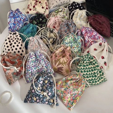 Borsa Coulisse Velluto Coste Floreale Viaggio Portatile Pochette Cosmetici Organizzatore Polvere Trucco Pois