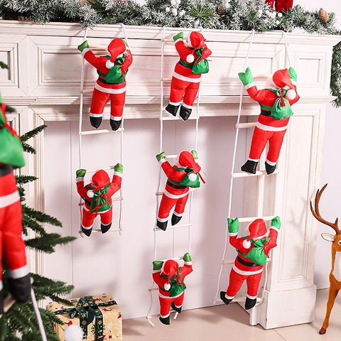 Babbo Natale Che Si Arrampica Su Scala Di Corda Decorazione Appesa Bambola Tessuto Poliestere Con Sacco Regalo Verde Per Natale