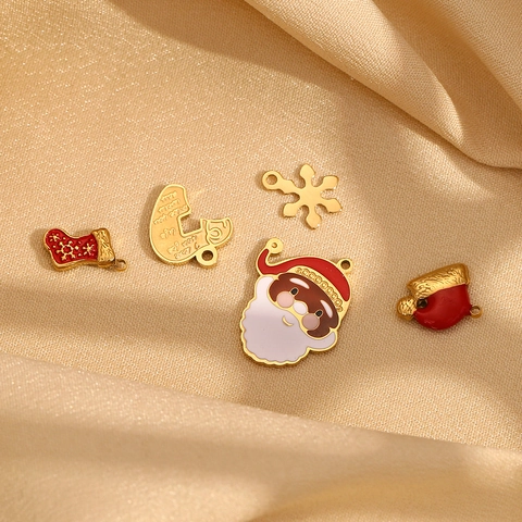 Pendentifs Noël Acier Inoxydable Plaqué Or 18K Émail Père Noël Flocon De Neige Botte Accessoires Bijoux DIY