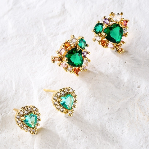 Heart Shaped Stud Earrings Copper 18K Gold Plated Colorful Zircon Crystal Elegant Luxury Jewelry Accessories For Women