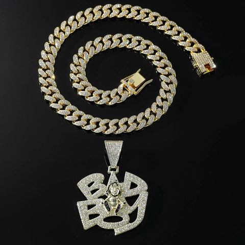 Hip Hop Miami Cuban Link Chain Ketting Met Iced Out Strass Legering Letter Hanger Punk Streetwear Sieraden Voor Mannen