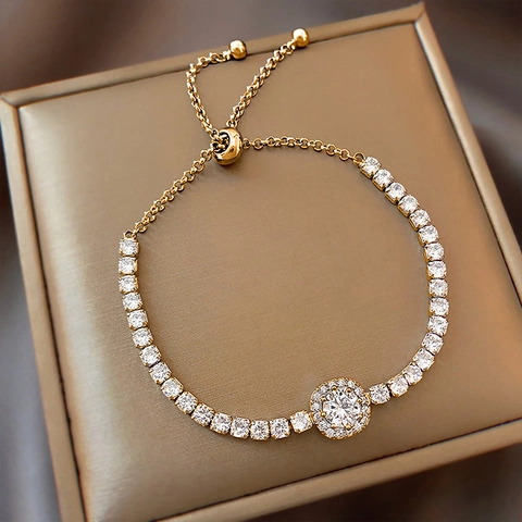 Adjustable Tennis Bracelet Copper Rhinestone Halo Geometric Minimalist Elegant Fashion Jewelry Gift For Women