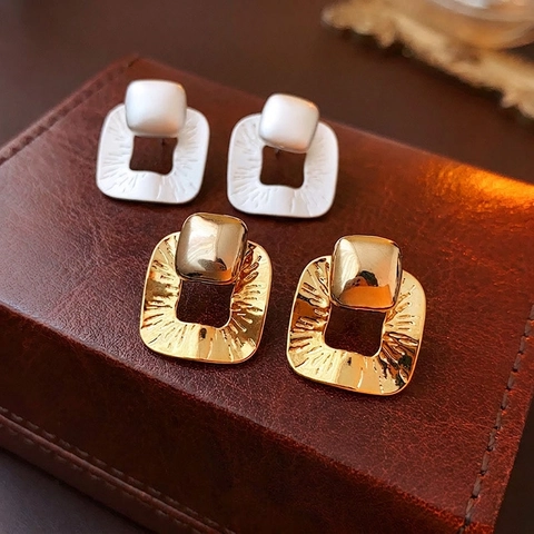 Hollow Square Stud Earrings With 925 Sterling Silver Earring Post Real Gold Plated Geometric Wrinkled Vintage For Women