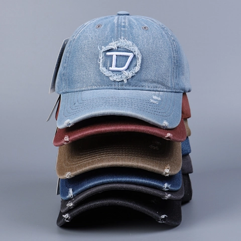 Washed Denim Baseball Cap Distressed Retro Letter D Patch Adjustable Sunshade Streetwear Hat For Men Women