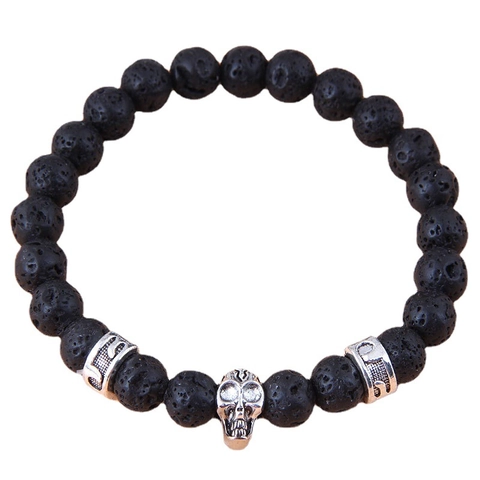 Natural Black Lava Stone Beaded Bracelet With Alloy Owl Skull Dumbbell Crown Leopard Head Charms Gothic Punk Unisex