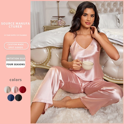 Damen Satin Schlafanzug Spaghettiträger V Ausschnitt Top Und Lange Hose Satinnimitat Nachtwäsche Loungewear Elegant