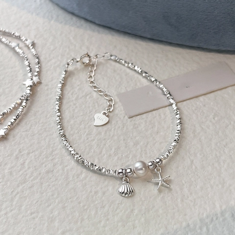 Pulsera Con Colgante De Estrella De Mar Y Concha Tema Océano Con Perla Artificial Y Cuentas De Plata De Ley 925