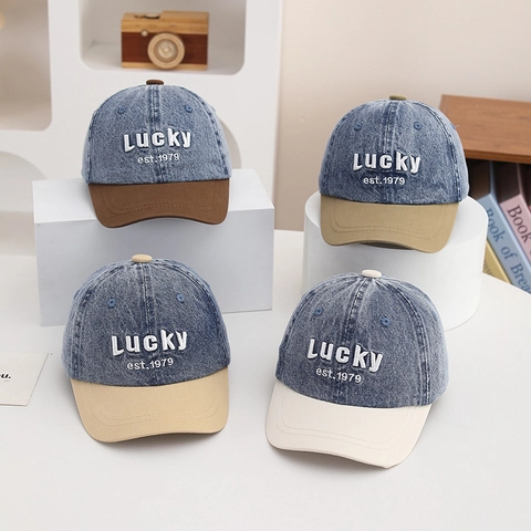 Gorra De Béisbol Niños Denim Lavado Color En Contraste Bordado Letras Lucky Protección Solar Estilo Retro Niños Niñas
