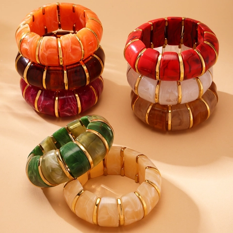 Klobiges Harzarmband Breites Marmortextur Elastisches Armreif Gold Edelstahl Trenner Mode Retro Schmuck Für Damen