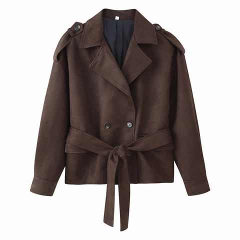 Women Elegant Faux Suede Short Double Breasted Belted Jacket And Midi Stitching Skirt Solid Dark Brown Autumn Outfits
