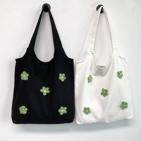 Borsa Tote In Tela Da Donna Con Fiori All'Uncinetto 3D Estetica Grande Capacità Borsa A Tracolla Per La Spesa Scuola