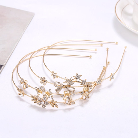 Diadema De Aleación De Metal Dorado Vintage Con Diamantes De Imitación Flor Estrella Lazo Y Perla Artificial Para Mujer