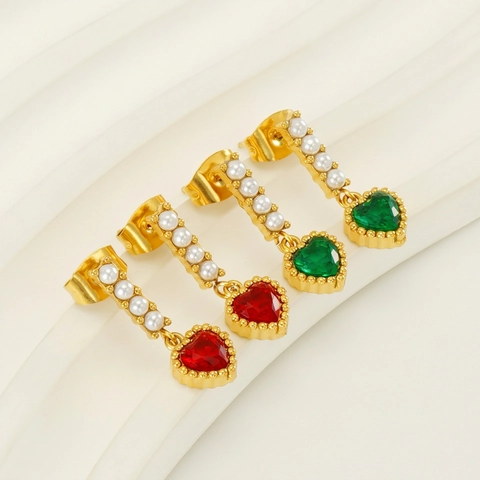 Orecchini Pendenti Cuore Acciaio Inossidabile Placcato Oro 18K Zirconia Cuore Perla Artificial Gioielli Vintage Francesi