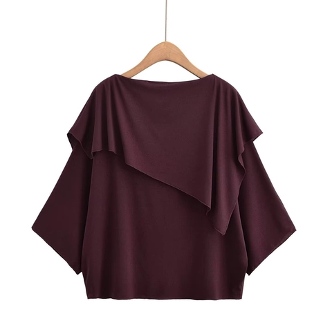 Blusa Da Donna Asimmetrica Con Volant A Strati Maniche Lunghe Chiffon Morbida Casual Scollo A Barca Top Borgogna