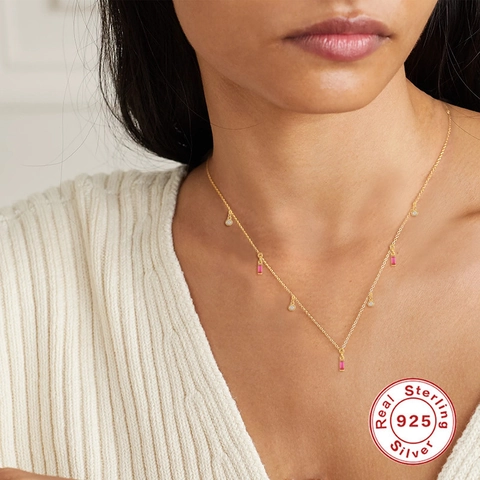 925 Sterling Silver Necklace Rectangle Zirconia Pendant Geometric Elegant Minimalist Fashion Jewelry For Women